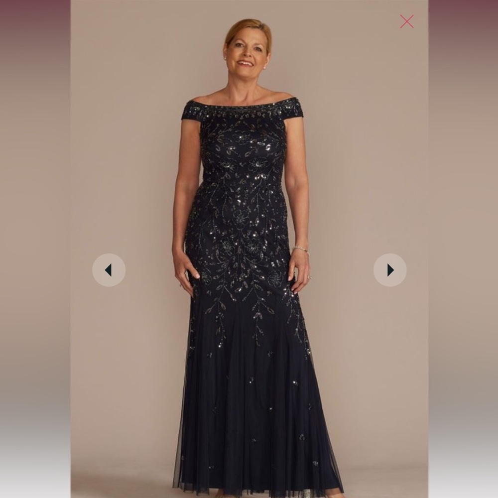 OLEG CASSINI off-the-shoulder beaded dress with godet hem